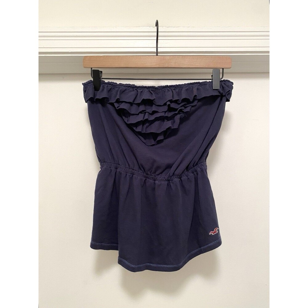 Y2K 2000s Hollister Babydoll Top Large Navy Blue Elena Gilbert Ruffles strapless